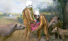 a man in a space suit riding on top of a horse next to other animals