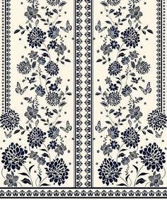 a blue and white floral design with butterflies on the border is featured in this image