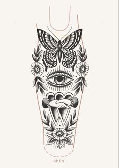 a tattoo design with an eye and flowers on the bottom half of its arm, which is