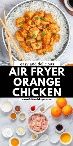 an air fryer orange chicken with rice and sauces