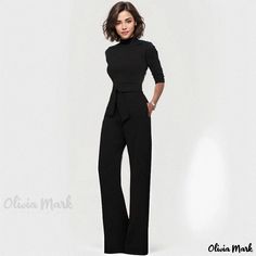 Olivia Mark - Stylish Monochrome Notched Collar Half Sleeve High-Waisted Wide Leg Jumpsuit Solid Color Belted Fitted Jumpsuits And Rompers, Fitted Solid Color Belted Jumpsuits And Rompers, Fitted Belted Jumpsuits And Rompers In Solid Color, Black Stretch Jumpsuits And Rompers For Work, Black Full-length Jumpsuits And Rompers For Spring, Chic Stretch Jumpsuit For Workwear, Long Sleeve Jumpsuits And Rompers For Office, Black Full Length Jumpsuits And Rompers For Spring, Formal Jumpsuits And Rompers For Fall