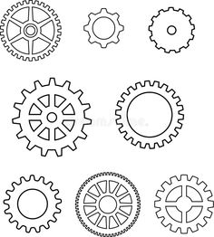 six gears are shown in black and white, each with different gear wheels on them