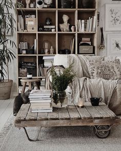 a living room filled with furniture and bookshelves next to a cat on a coffee table