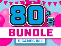 the 80's bundle with balloons and streamers is shown in front of a blue background