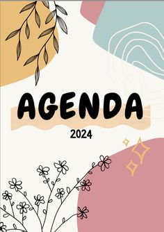 the agenda is shown in black and white, with colorful flowers on it's side