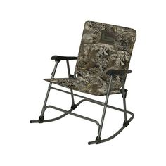 a camo rocking chair with black frame and foot rests on an isolated white background