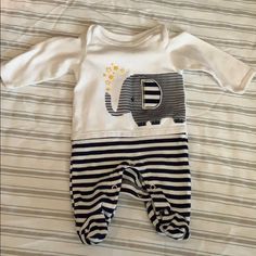 Washed But Never Worn. So Cute! Cute White Onesie For Bedtime, Cute White Bedtime Onesie, Playful White Onesie For Bedtime, Cotton Long Sleeve Onesie With Character Print, Zebra Onesie, Elephant Onesie, Kids Shop, Elephant, One Piece