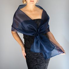 A very elegant organza shawl for your wedding party or evening dress. Made of a 2 tone organza / double layer. Color: navy blue o other ( other colors are available ) Sizes : S-M (160/170 cm long) or L-XL (190 cm long) ( for larger ladies ) You can use it as a wrap, shawl or stola. WE have matching bags in our Etsy Shop! WE accept credit cards! Chiffon Bolero, Navy Blue Scarf, Evening Shawls, Blue Shawl, Silk Chiffon Scarves, Chiffon Shawl, Shrugs And Boleros, Dress With Shawl, Chiffon Wrap