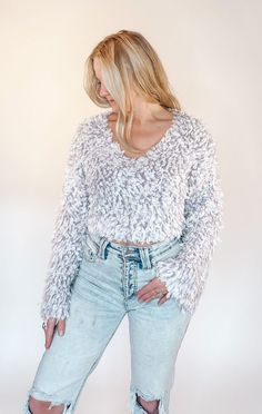 Cozy meets chic with our Dreamweaver Fuzzy Sweater! This ultra-soft, fuzzy sweater top is designed to keep you warm while turning heads. With its trendy cropped silhouette, it pairs perfectly with high-waisted jeans, skirts, or your favorite lounge bottoms. The dreamy, lightweight fabric hugs your skin for all-day comfort, making it your go-to piece for chilly days or casual outings. Jeans And White Sneakers, Simple Gold Necklace, Sipping Coffee, Coffee At Home, Fuzzy Sweater, Spring Outfits Women, Crop Top Sweater, Stepping Out, Out With Friends