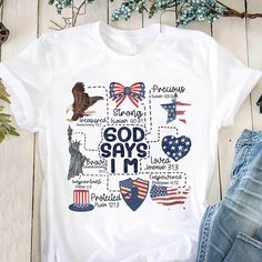 Independence Day T-shirt Coquette God Says I Am 4th of July 5.3-ounce, 100% cotton (99/1 cotton/poly (Ash) & 90/10 cotton/poly (Sport Grey) Seamless double-needle 7/8 Taped neck and shoulders; Tearaway label Decoration type: Digital Print Size Chart Labor Day White T-shirt With Text Print, White T-shirt With Text Print For Labor Day, Patriotic Cotton T-shirt With Graphic Print, White T-shirt With Text Print For Independence Day, White Text Print T-shirt For Independence Day, Cotton T-shirt With Graphic Print For Memorial Day, Cotton Tops With Sublimation Print For Patriotic Events, Cotton Tops With Sublimation Print For Independence Day, White Graphic Print Top For Memorial Day