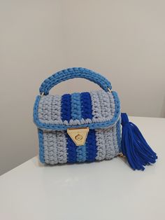 Rectangular Crochet Yarn Shoulder Bag, Blue Hand Knitted Rectangular Bag, Blue Hand Knitted Rectangular Shoulder Bag, Hand Knitted Blue Rectangular Shoulder Bag, Handmade Yarn Shoulder Bag, Blue Crochet Bag With Braided Handles, Blue Rectangular Crochet Bag With Braided Handles, Rectangular Yarn Shoulder Bag, Handmade Crochet Yarn Shoulder Bag