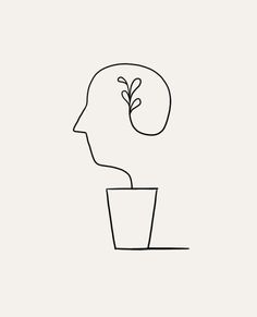 a line drawing of a man's head with a plant growing out of it