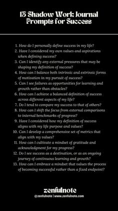 Reflecting on your thoughts and feelings about success can provide valuable insights into your goals, motivations, and fulfillment. As you contemplate these questions, keep in mind that your definition of success is personal and can evolve over time. Regular self-reflection can help you align your goals with your values and lead a more fulfilling life. Shadow Work For Success, Deep Thinking Journal Prompts, Journal Prompts For Success, Work Journal Prompts, Shadow Work Journal Prompts, Deep Conversation Topics, Shadow Work Journal, Healing Era