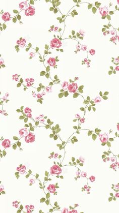 a white wallpaper with pink flowers and green leaves on the bottom half of it