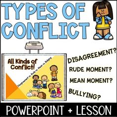 a poster with the words types of conflict on it and an image of children in front of