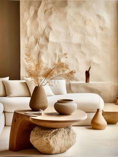 Stone Inspired Interior, Texture In Interior Design Spaces, Japandi Stone Wall, Side Wall Table Decor Living Room, Wabi Sabi Table Decor, Earthy Tone Interior Design, Earthy Style Living Room, Earthy Design Interiors, Earthy Tones Decor