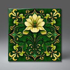 a green and yellow tile with a large flower on the center, surrounded by leaves