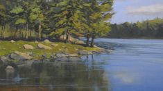 an oil painting of a lake surrounded by trees