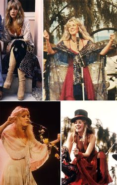 four different pictures of women in dresses and hats, one with long hair the other wearing boots