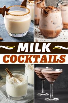 the collage shows different types of drinks and desserts in glass cups with cinnamon sticks on top