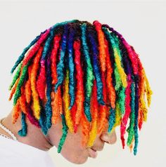 ❤️🧡💛💚💙💜💗 Hair Color Ideas Dreads Men, Colorful Dreads Men, Dreads With Colored Tips Men, Dreadlock Color Ideas Men, Orange Dreads Men, Loc Dye Ideas, Rainbow Dreadlocks, Colored Dreads