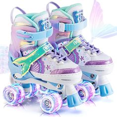 two roller skates with colorful wheels and lights on them, one is white and the other is blue