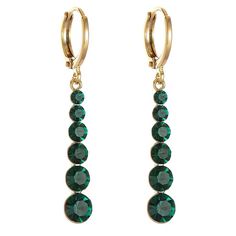 18k gold-plated drop earrings adorned with eye-catching green crystals. 0.24" W x 1.69" L 18k gold-plated copper / crystal Gold Huggie Hoop Earrings, Statement Earrings Wedding, Copper Crystal, Dangle Earrings Wedding, Earrings Emerald, Drop Earrings Gold, Dangle Hoop Earrings, Tassel Drop Earrings, Crystal Chain