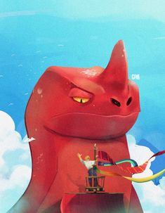 a red cat sitting on top of a pile of kites in the sky above clouds