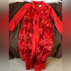 Never Worn Akira Floor Length Size Medium Red Transparent Jacket With Flowers Red Spring Party Outerwear, Spring Party Red Outerwear, Red Long Sleeve Outerwear For Spring, Red Fitted Long Sleeve Outerwear, Fitted Red Long Sleeve Outerwear, Red Long Coat For Party, Transparent Jacket, Faux Fur Wrap, Sheer Kimono