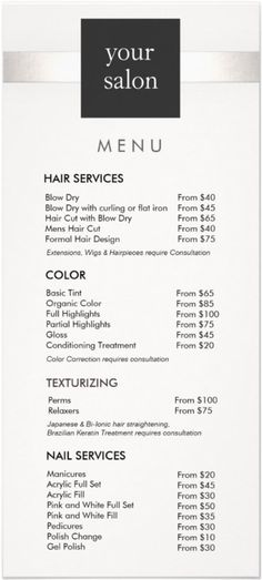 a salon menu with the words hair services in black and white letters, on a white background