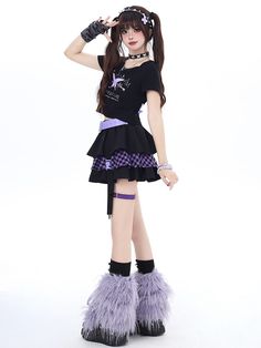 Get ready to embrace your sweet and stylish side with our tiered skirt in black and purple. This adorable skirt features a charming heart design, adding a touch of romance to your look. The tiered style creates a playful and flirty silhouette, perfect for twirling and dancing. The skirt comes with a free waist belt for added versatility and a customizable fit. Elevate your kawaii wardrobe with this must-have piece that's sure to turn heads wherever you go!   Please note that this product include Idle Standing Pose Reference, Dynamic Standing Poses, Emo Pose, Human Reference, Standing Poses, Human Poses Reference, Short T Shirt, Cool Poses, Black And Purple