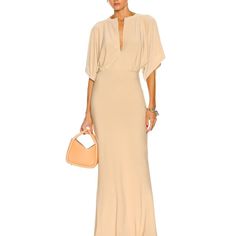 Norma Kamali Stretch Gown Beige Blonde Beige Gown For Evening Dress, Beige Maxi Length Evening Dress, Beige Maxi Dress For Dinner, Beige Maxi Evening Dress For Gala, Beige Maxi Dress For Wedding Guest, Floor-length Beige Maxi Dress For Wedding Guests, Beige Floor-length Maxi Dress For Wedding Guest, Beige Maxi Length Gown For Evening, Beige Floor-length Gown For Gala