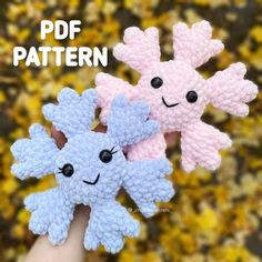 three crocheted stuffed animals are in the palm of someone's hand with text overlay that says, free pattern