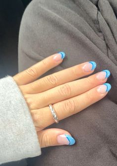 Blue french tip nail inspo French Tips With Lines, French Tips With Line, Blue Summer French Tip Nails, Underlined French Tip Nails, Cute Nails For Summer French Tips, Summer Nails Blue French Tips, Blue Nails With Blue French Tip, Teal Nail Designs Summer, Light Blue And Dark Blue French Tips