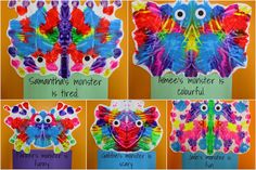 four different pictures of colorful paper flowers with words written on them, and two images of the