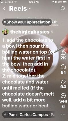 someone is holding a spoon over a bowl of chocolate pudding with the text below it