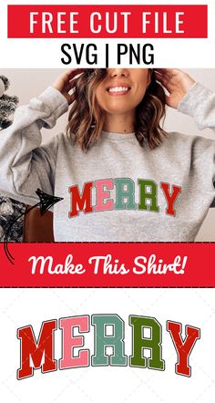 a woman wearing a merry sweatshirt with the words merry on it and an image of a christmas