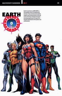 an image of the cover to earth one, with many different superheros standing around