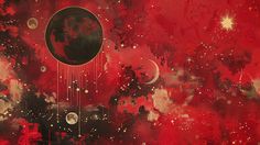 an abstract painting with stars and planets in red, black and gold colors on the wall