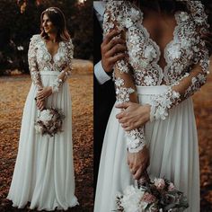 two photos of a bride and groom in their wedding gowns, one is holding her bouquet