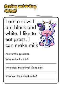 reading and writing animals worksheet for kids with pictures on the page, including an animal