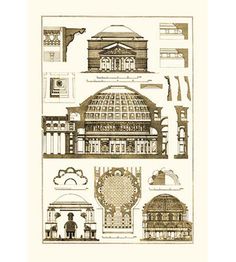 an old architectural drawing shows the various types of buildings