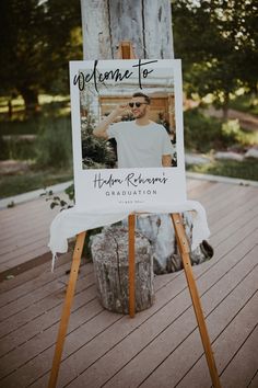 a wooden easel with a sign on it