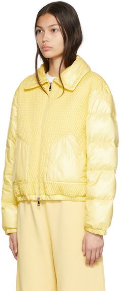 Down-filled quilted nylon taffeta jacket. · Detachable rib knit stand collar · Two-way zip closure · Welt pockets · Signature tricolor felted logo patch at sleeve · Elasticized cuffs and hem · Fully lined Supplier color: Light yellow Filling: 90% down, 10% feather. Designer Quilted Nylon Puffer Jacket, Designer Quilted Nylon Outerwear, Taffeta Jacket, Moncler Jacket, Floral Shoes, Scarf Men, Mens Scarves, Field Jacket, Rugby Shirt