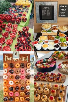 a collage of different desserts and pastries on display at a buffet table