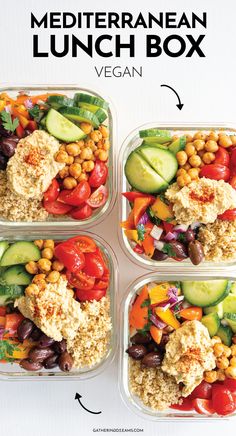 four plastic containers filled with assorted veggies and chickpea salads