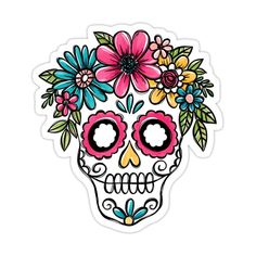 a skull with flowers on it's head is shown in this sticker design