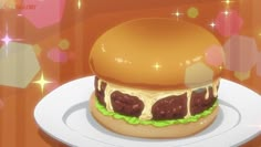 an animated hamburger on a plate with stars in the background