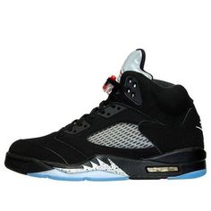 The Air Jordan 5 OG ‘Metallic’ is a 2016 release that offers a remastered version of the classic OG colorway from 1990. A faithful reproduction of the original design, the sneaker features a Black nubuck upper with a reflective 3M tongue, Fire Red accents, an icy Blue outsole, and the iconic ‘Nike Air’ logo on the heel. The Air Jordan 5 OG ‘Metallic’ sneaker was retro released in 2000, 2007, 2011, and now 2016, making it a must-have for any Air Jordan fan or collector. (AJ5/SNKR) Nike Air Logo, Air Logo, Nike Air Jordan 5, Jordan Shoes Retro, Jordan 5 Retro, Metallic Sneakers, Shoes Retro, Air Jordan 5 Retro, Air Jordan 5