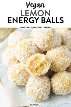 vegan lemon energy balls on a plate with text overlay that reads, vegan lemon energy balls dairy - free egg - free vegan